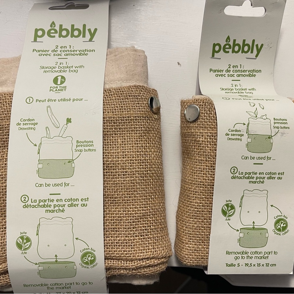 PEBBLY Organic Cotton Jute Storage Basket w/ Removable Bag Small & Medium NWT